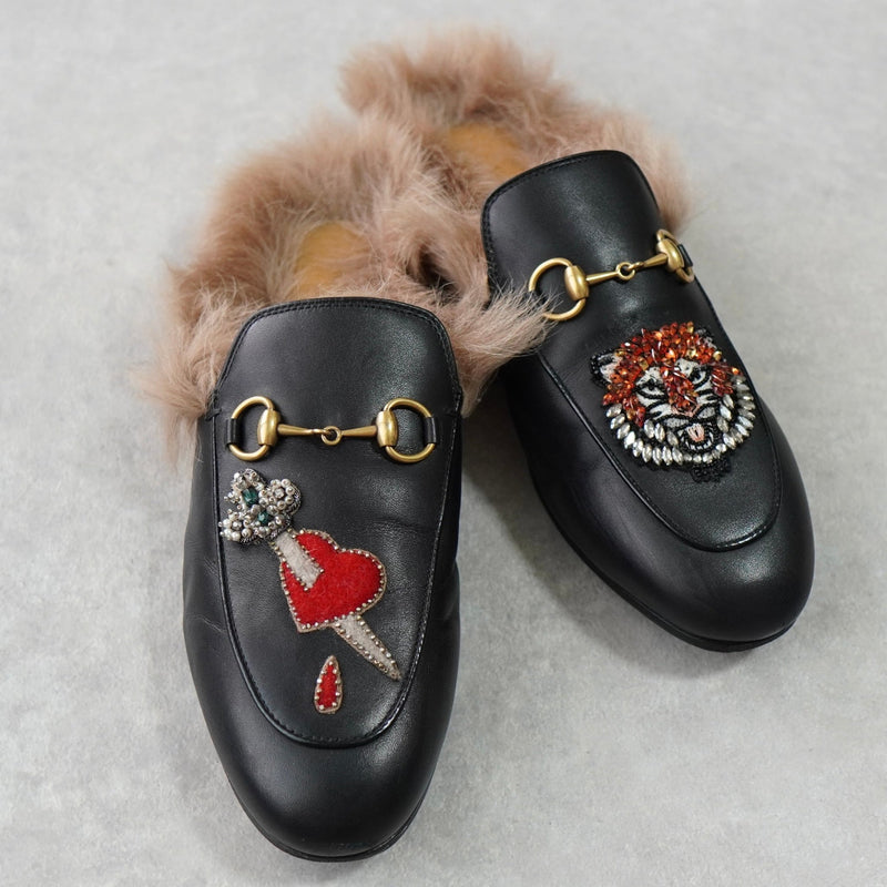 グッチ プリンスタウン ホースビット ファー レザー ミュール ブラック 箱付き 37サイズ - NEWSED