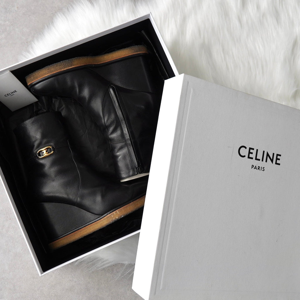 セリーヌ トリオンフ ウェッジソール レザー ブーツ 38 ブラック 保存袋 箱付き