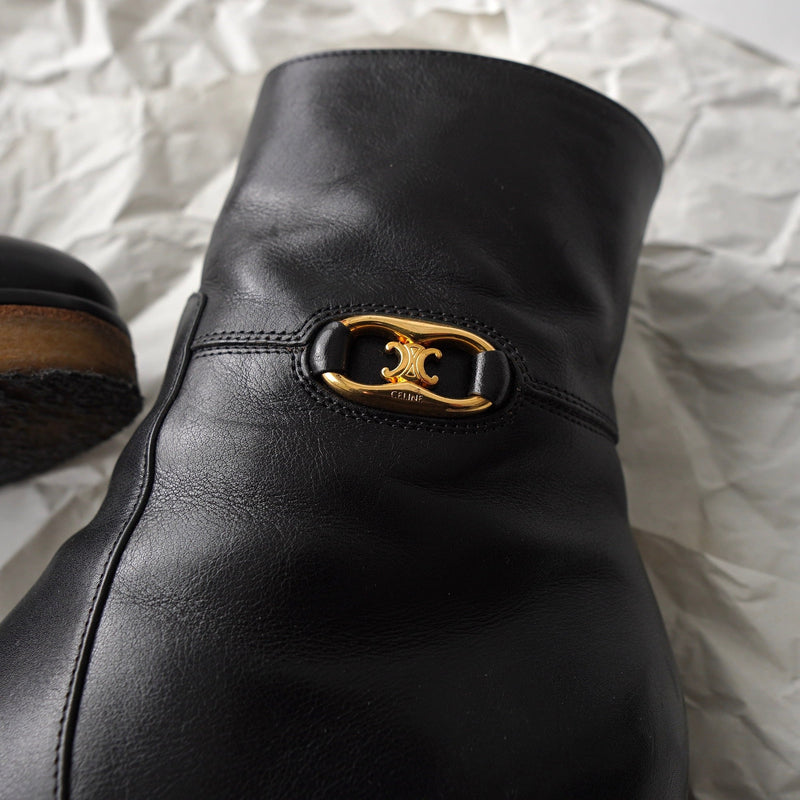 セリーヌ トリオンフ ウェッジソール レザー ブーツ 38 ブラック 保存袋 箱付き - NEWSED