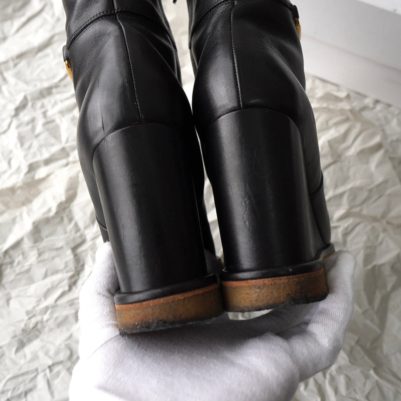 セリーヌ トリオンフ ウェッジソール レザー ブーツ 38 ブラック 保存袋 箱付き - NEWSED