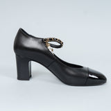 シャネル メリージェーン チェーン & パール アンクルストラップ チャンキーヒール パンプス ブラック38C / 24.0cm〜24.5cm - NEWSED