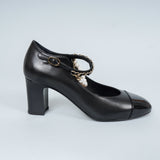 シャネル メリージェーン チェーン & パール アンクルストラップ チャンキーヒール パンプス ブラック38C / 24.0cm〜24.5cm - NEWSED