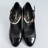 シャネル メリージェーン チェーン & パール アンクルストラップ チャンキーヒール パンプス ブラック38C / 24.0cm〜24.5cm - NEWSED