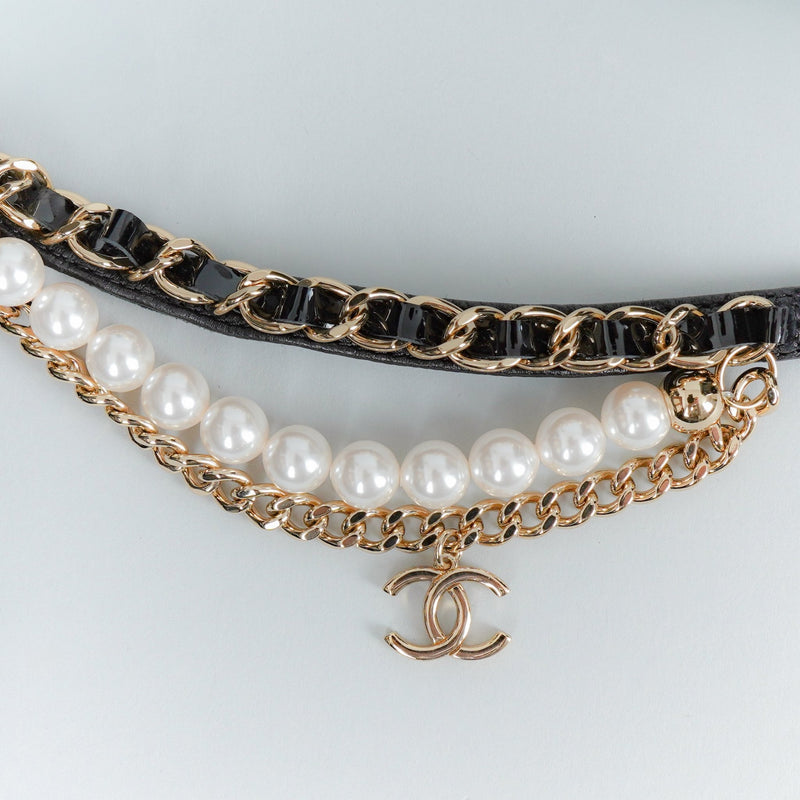 シャネル メリージェーン チェーン & パール アンクルストラップ チャンキーヒール パンプス ブラック38C / 24.0cm〜24.5cm - NEWSED