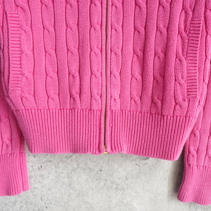 ポロ ラルフローレン スモールポニーロゴ ケーブル編み フルジップ ニット ピンク レディース