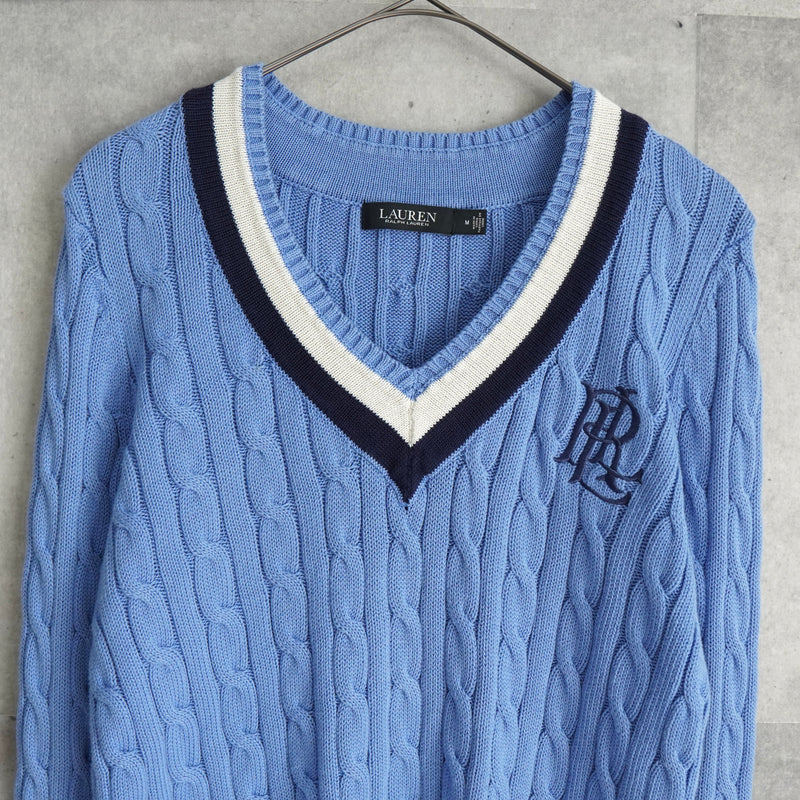 ローレン ラルフローレン ロゴ Vネック ケーブル編み チルデンニット ライトブルー レディース