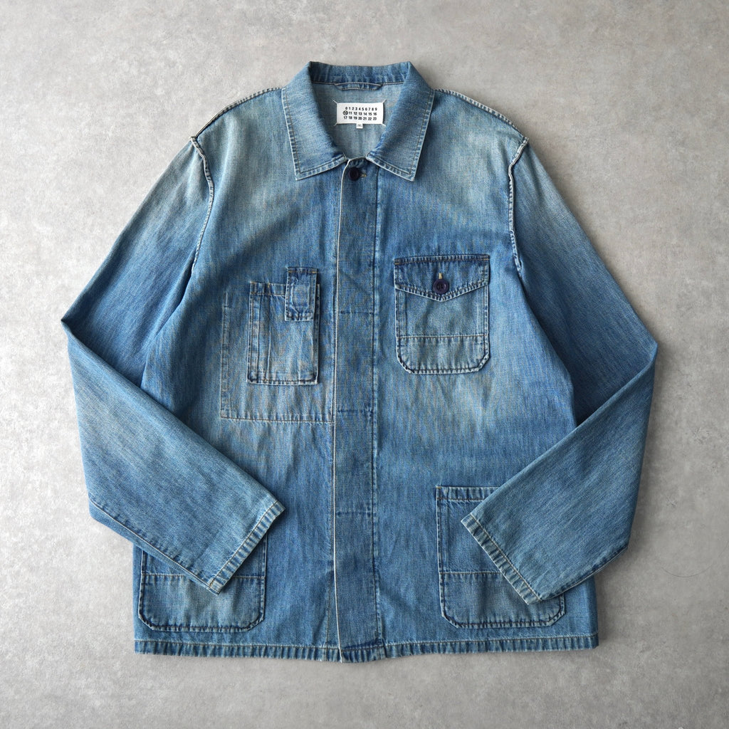Maison Margiela distressed denim shirt, long sleeve shirt, shirt jacket, four tags, four stitches, indigo blue