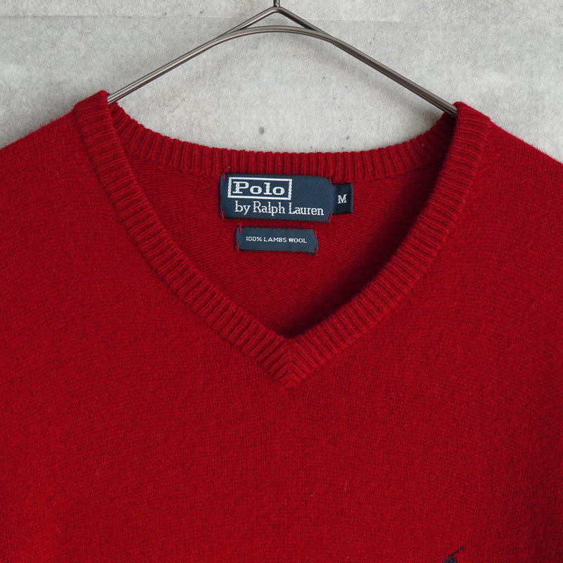 ポロ ラルフローレン Vネック スモールポニーロゴ ウール ニット レッド