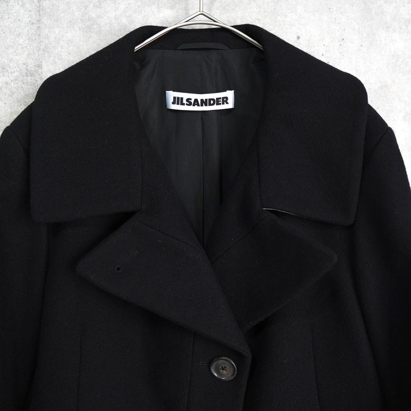 ジルサンダー レザー切り替え 変形 前立て ウールコート レディース ブラック / ホワイト