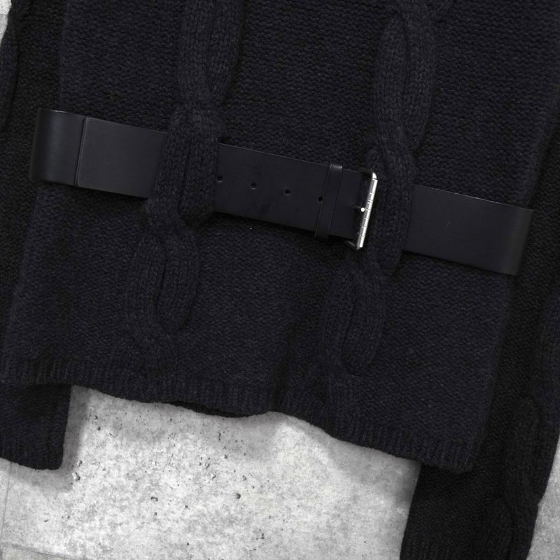 セリーヌ ヴィンテージ カシミア ケーブル ニット レディース チャコールグレー レザー ウエストベルト付き