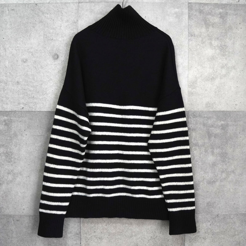 アミパリ アミ パリス ハートロゴ ボーダー タートルネック ニット ブラック / ホワイト