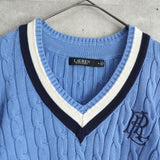 ローレン ラルフローレン ロゴ Vネック ケーブル編み チルデンニット ライトブルー レディース