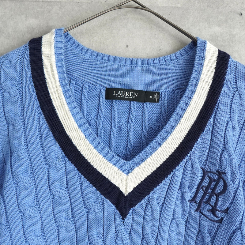 ローレン ラルフローレン ロゴ Vネック ケーブル編み チルデンニット ライトブルー レディース
