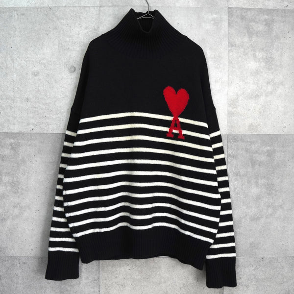 アミパリ アミ パリス ハートロゴ ボーダー タートルネック ニット ブラック / ホワイト