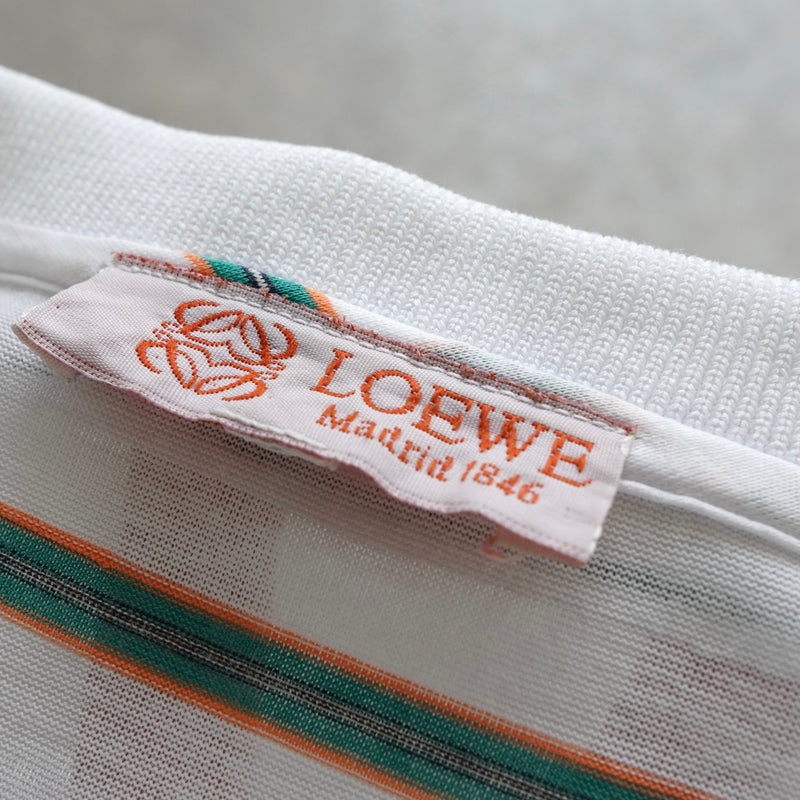 ロエベ ヴィンテージ アナグラム 刺繍 ボーダー柄 半袖ポロシャツ ホワイト × グリーン