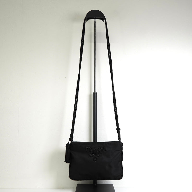 プラダ テスート ポコノ ナイロン ビーズ タッセル ミニ ショルダーバッグ ポシェット ブラック