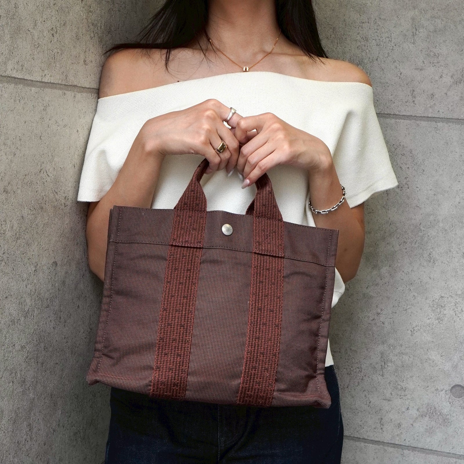 【HERMES】エールライン カバス ハンドバッグ キャンバス ブラウン エルメス エールラインPM キャンバス ハンドバッグ ブラウン