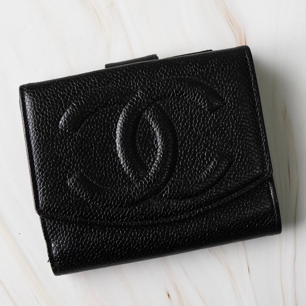 シャネル 5番台 ココマーク キャビアスキン 二つ折り財布 ブラック