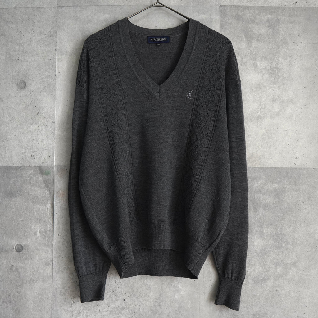 イヴ サンローラン ヴィンテージ Vネック YSLロゴ ニット グレー