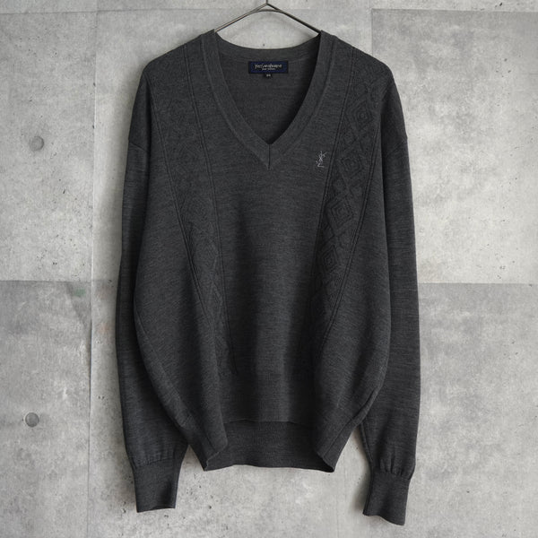 イヴ サンローラン ヴィンテージ Vネック YSLロゴ ニット グレー