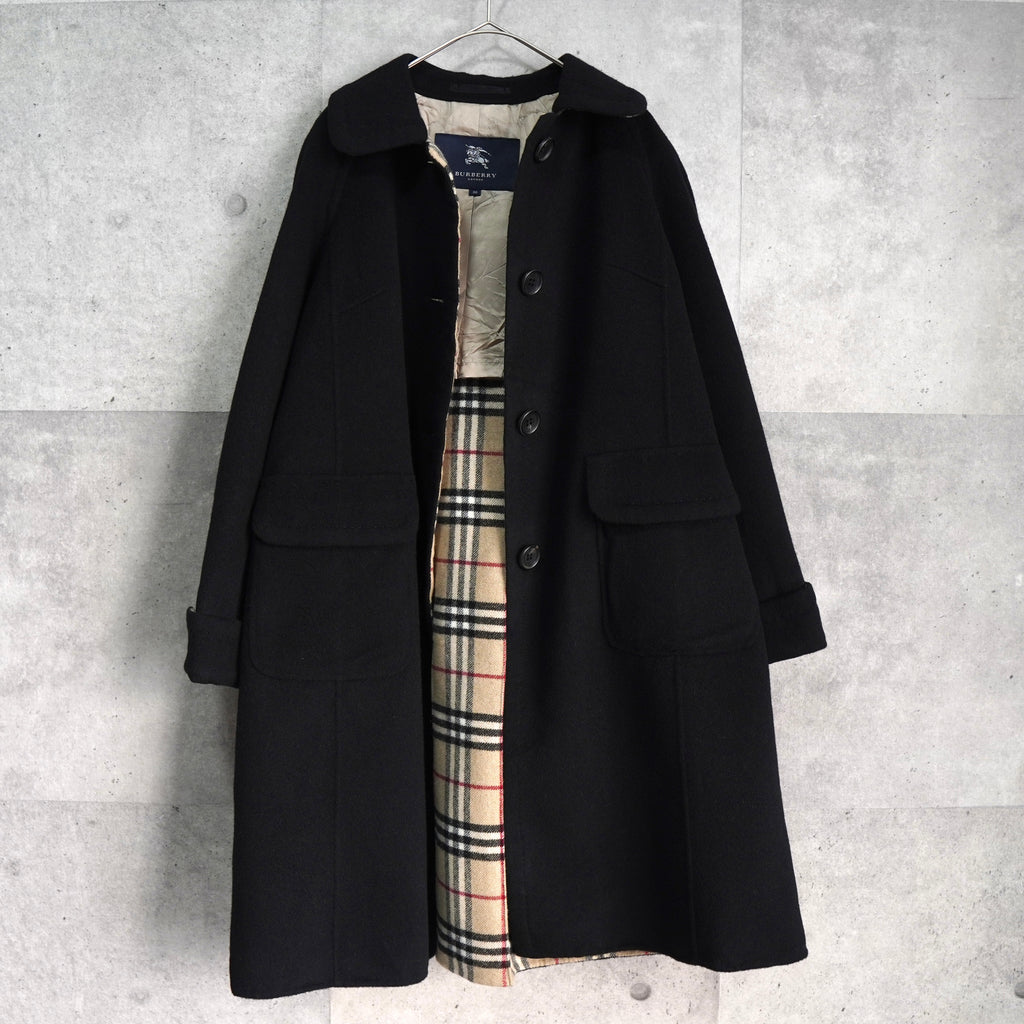 バーバリー ロンドン ノバチェック裏地 カシミア ウール ステンカラーコート レディース ブラック