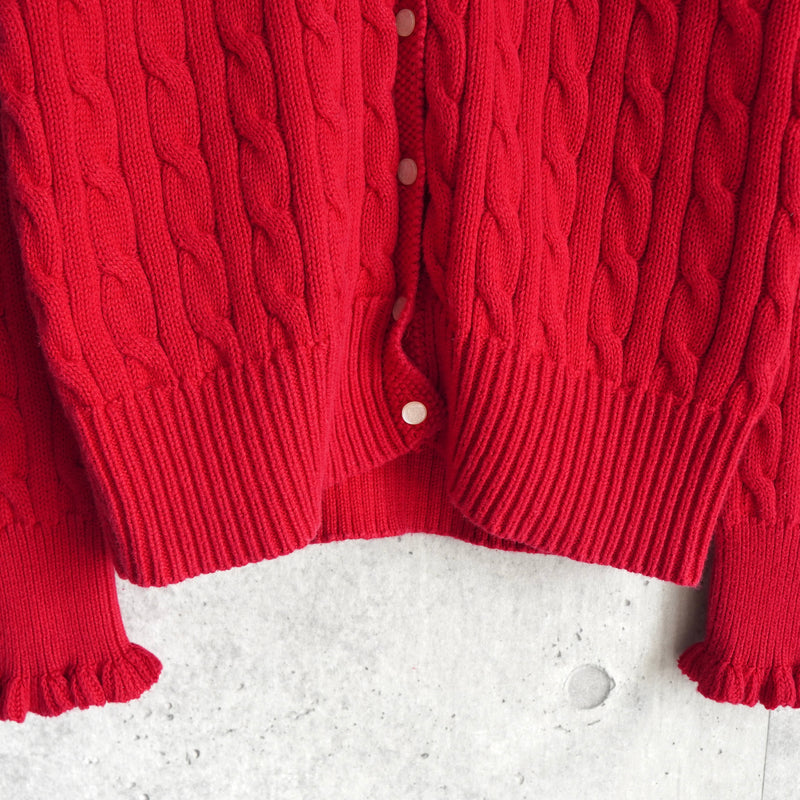 ポロ ラルフローレン フリル ケーブル編み コットン ニット カーディガン レッド レディース