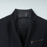 プラダ レザーパイピング フライフロント マオカラー ウール ロングコート グレー レディース