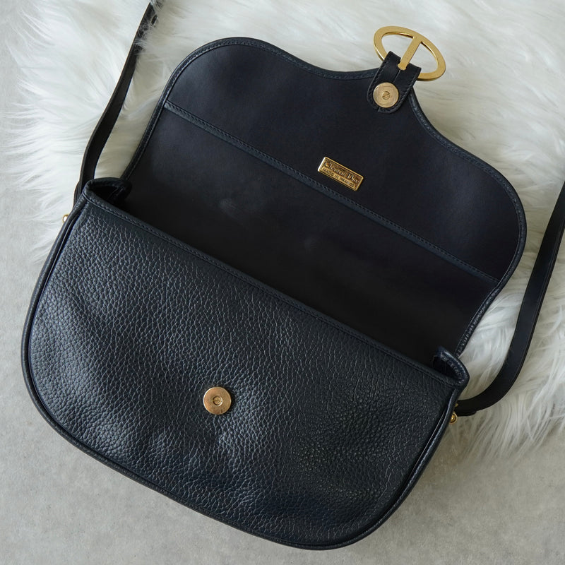 Christian Dior CD logo gold hardware leather shoulder bag navy