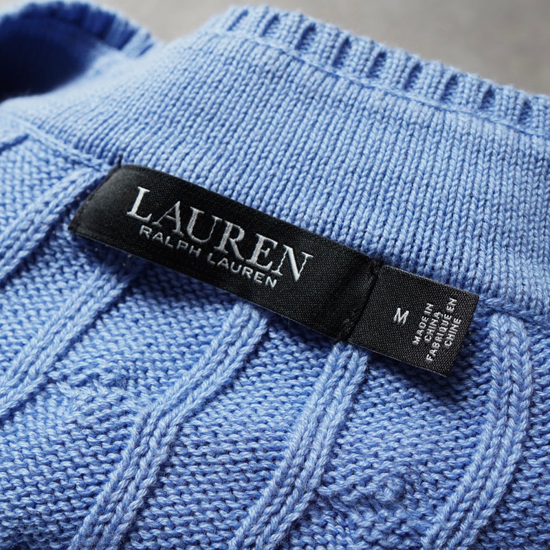 ローレン ラルフローレン ロゴ Vネック ケーブル編み チルデンニット ライトブルー レディース