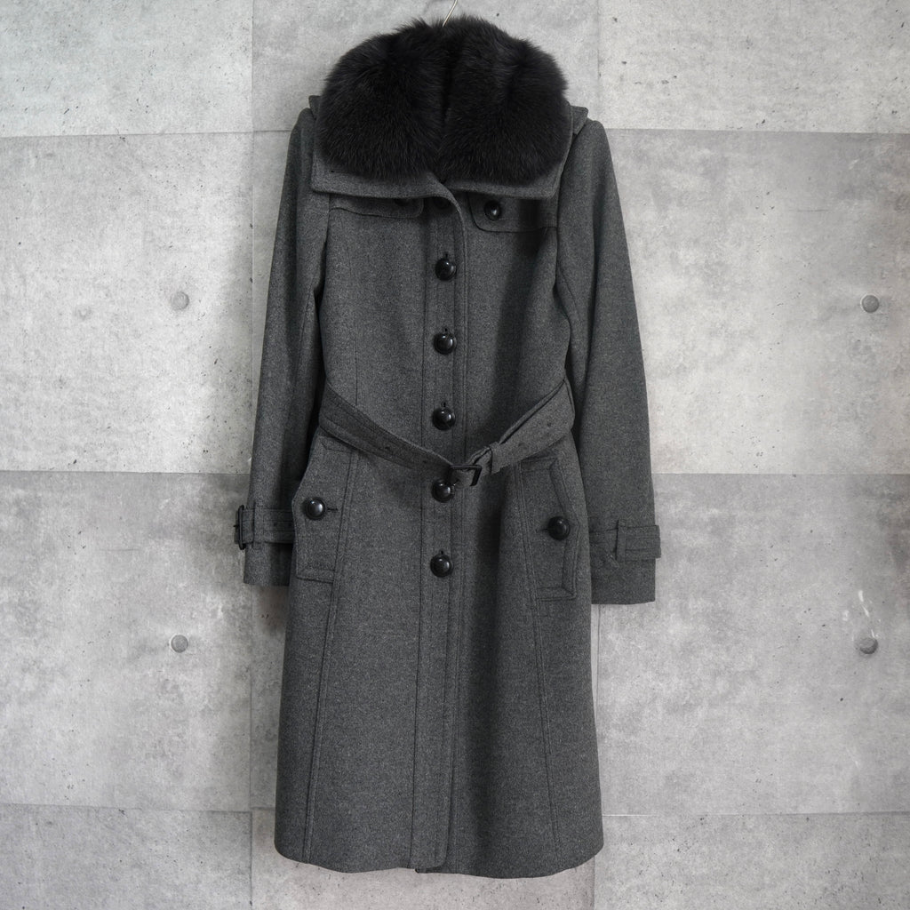 バーバリー リアル フォックスファー カシミヤ ウール ロゴボタン ファーコート ウールコート グレー レディース