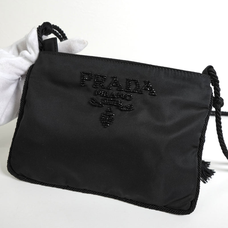 プラダ テスート ポコノ ナイロン ビーズ タッセル ミニ ショルダーバッグ ポシェット ブラック