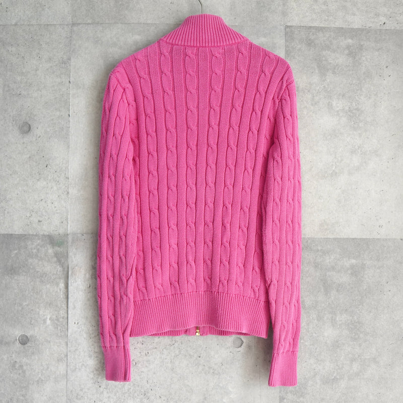 ポロ ラルフローレン スモールポニーロゴ ケーブル編み フルジップ ニット ピンク レディース