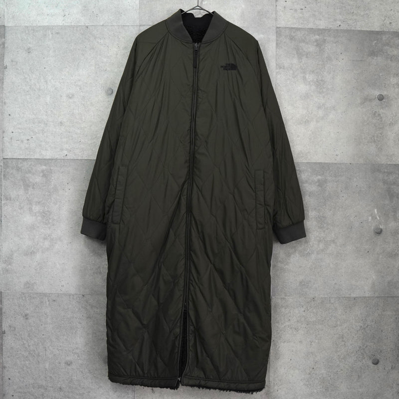 ザ ノースフェイス リバーシブル ロゴ刺繍 ロング丈 キルティングコート ボアコート カーキ / ブラック