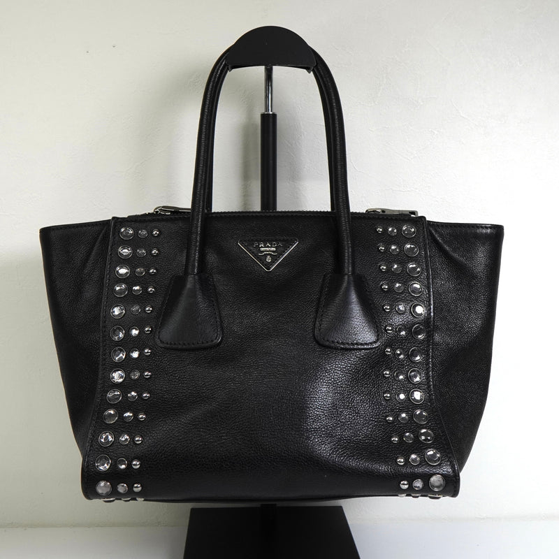 プラダ レザー ビジュー スタッズ 2way ハンドバッグ ショルダーバッグ ブラック