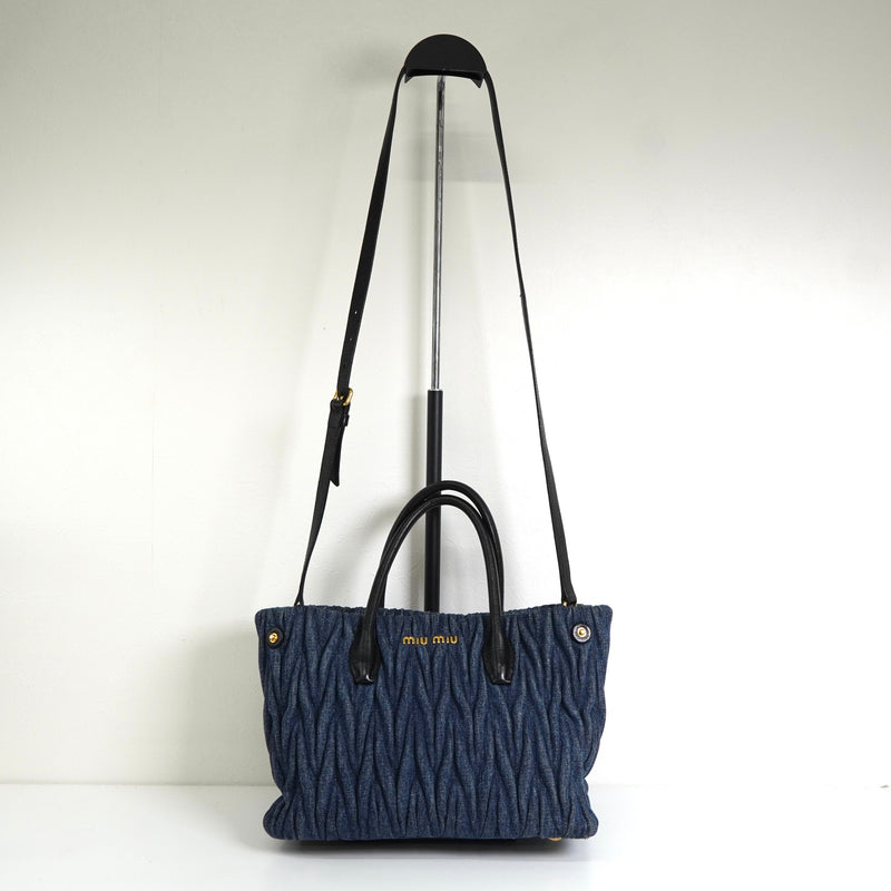 ミュウミュウ マテラッセ デニム / レザー 2way ハンドバッグ ショルダーバッグ ブルー / ブラック