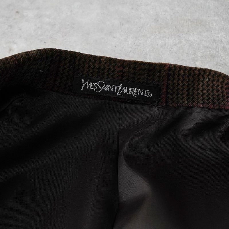 イヴサンローラン ヴィンテージ YSLロゴ ボタン チェック柄 ベロア テーラードジャケット ブラウン