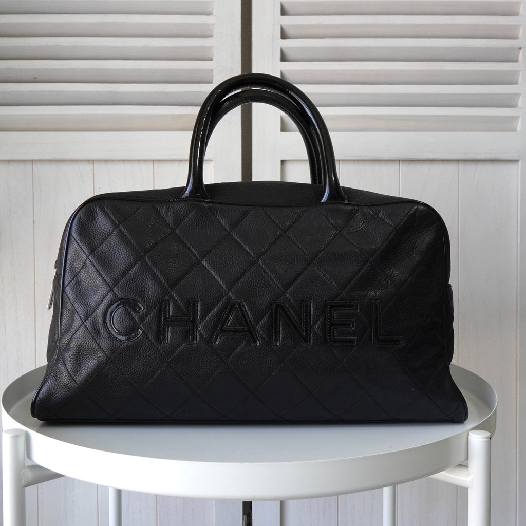 シャネル 6番台 ロゴ マトラッセ キャビアスキン ボーリングバッグ ミニボストンバッグ ブラック
