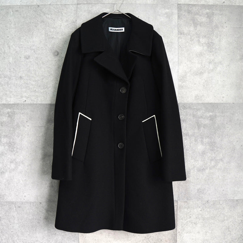 ジルサンダー レザー切り替え 変形 前立て ウールコート レディース ブラック / ホワイト
