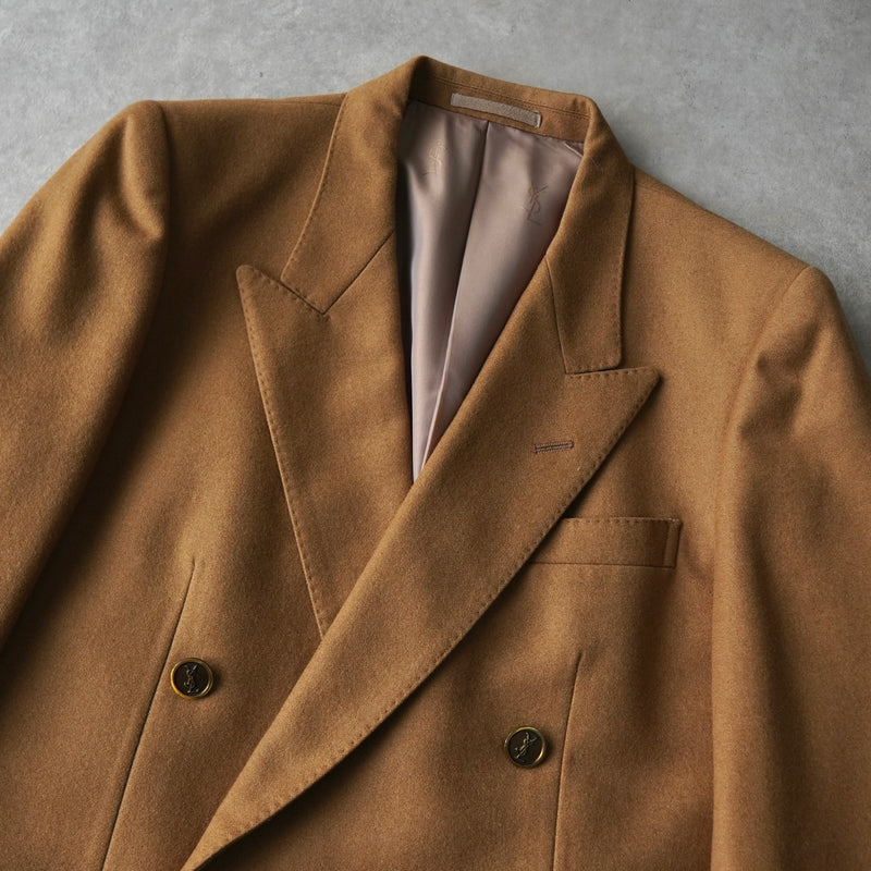 イヴ サンローラン ヴィンテージ YSLロゴ ボタン ウール ダブル テーラードジャケット キャメル メンズ