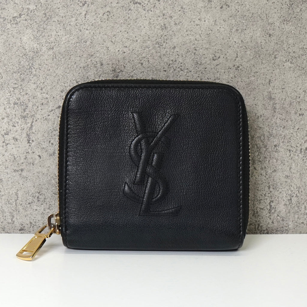 【美品】YSL サンローラン ロゴ 2つ折り財布 ブラックレザー即購入可◎ イヴサンローラン YSLロゴ レザー ラウンドファスナー 二つ折り
