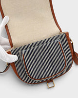 セリーヌ フォルコバッグ キャンバス レザー ストライプ ショルダーバッグ ネイビー ブラウン