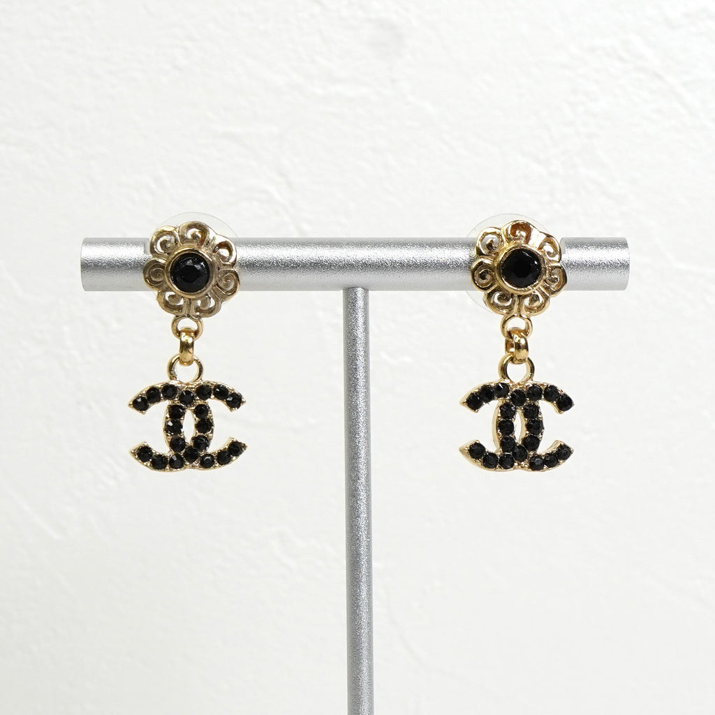 シャネル ココマーク フラワー ラインストーン ピアス GP ブラック レディース