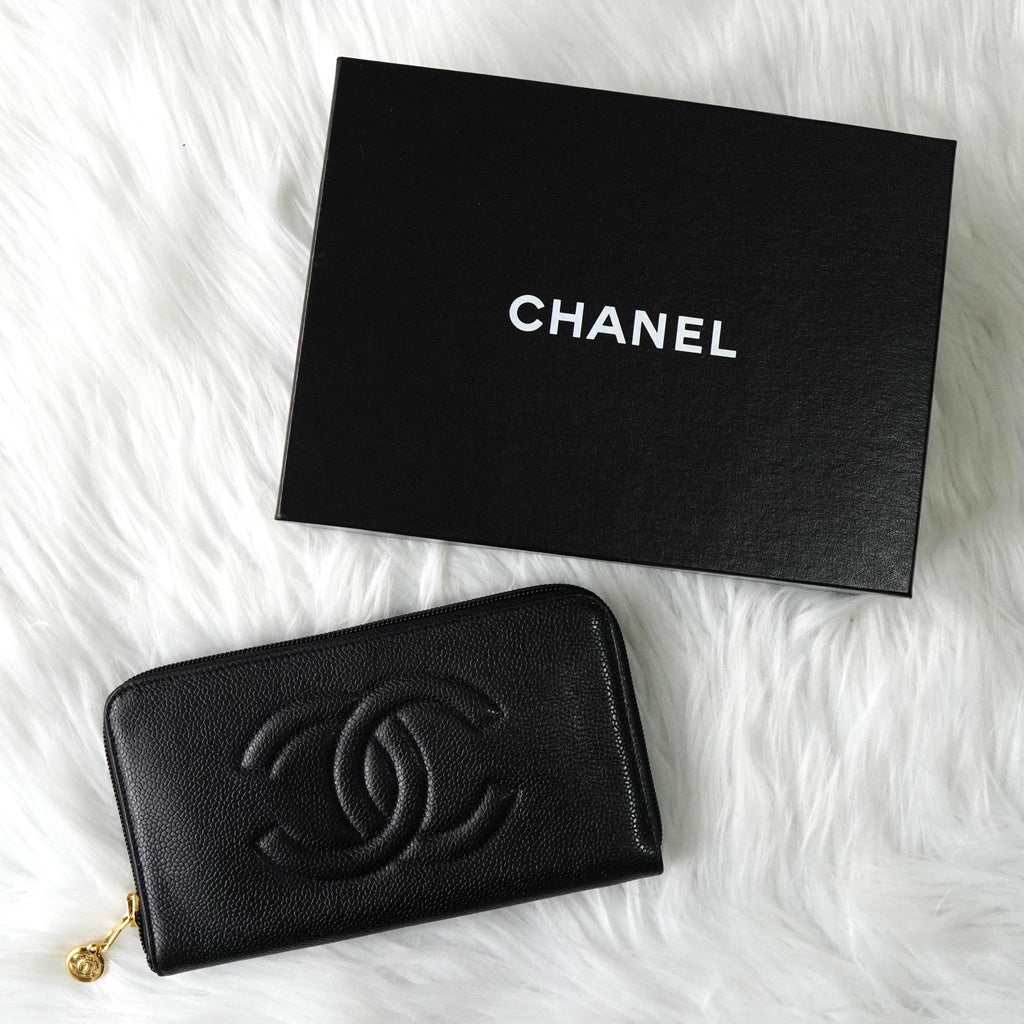 シャネル 7桁3番台 ココマーク マトラッセ キャビアスキン ラウンドファスナー 長財布 ブラック