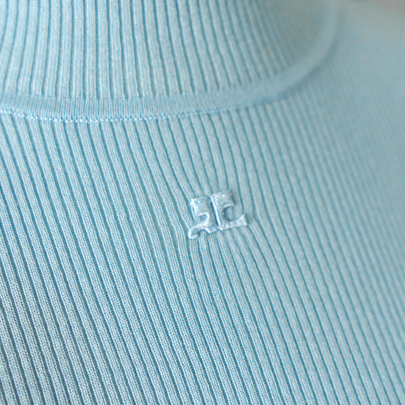 Logo Embroidery Turtleneck Long Sleeve Rib Knit Top
