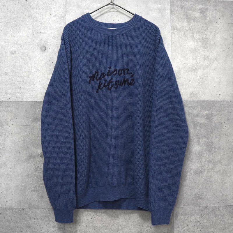 メゾン キツネ 筆記体ロゴ ワッフル ニット ブルー