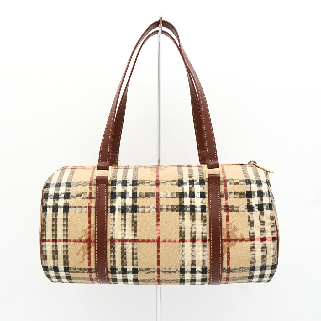 バーバリー ノバチェック PVC / レザー ドラムバッグ ハンドバッグ ベージュ レディース