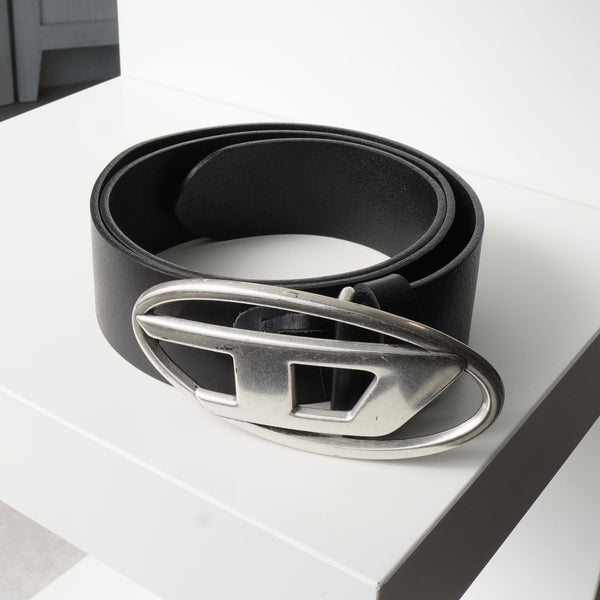 ディーゼル ロゴ レザー ベルト 80 / 32 ブラック / シルバー - NEWSED