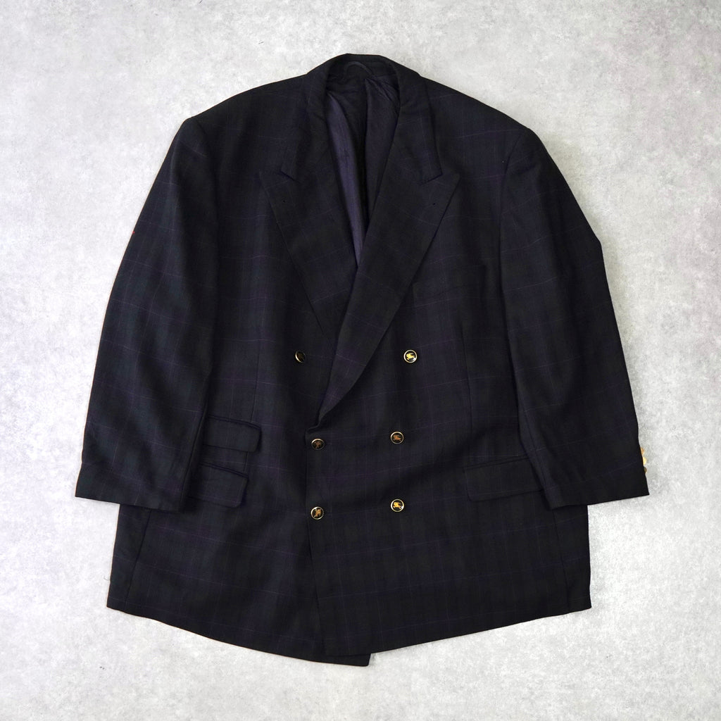 バーバリー ヴィンテージ ノバチェック ホースロゴ 金ボタン ダブル テーラードジャケット ネイビー メンズ