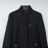 プラダ レザーパイピング フライフロント マオカラー ウール ロングコート グレー レディース