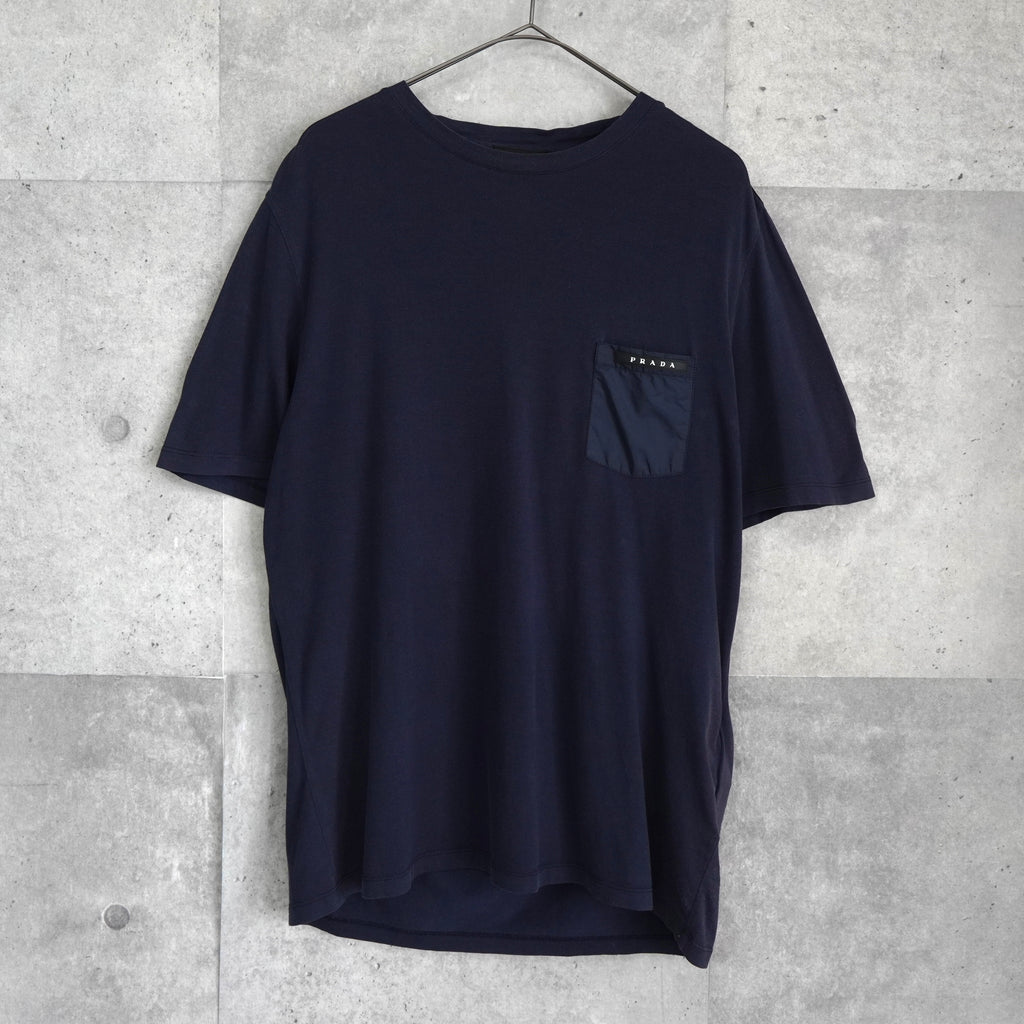 プラダ ロゴパッチ ナイロン切り替え 胸ポケット Tシャツ ブラック